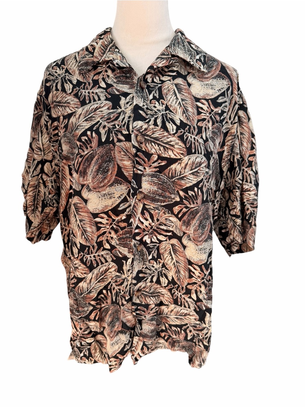 Liz Claiborne Men’s Large Tropical Leaf Print Button-Up Shirt Black Tan Cream